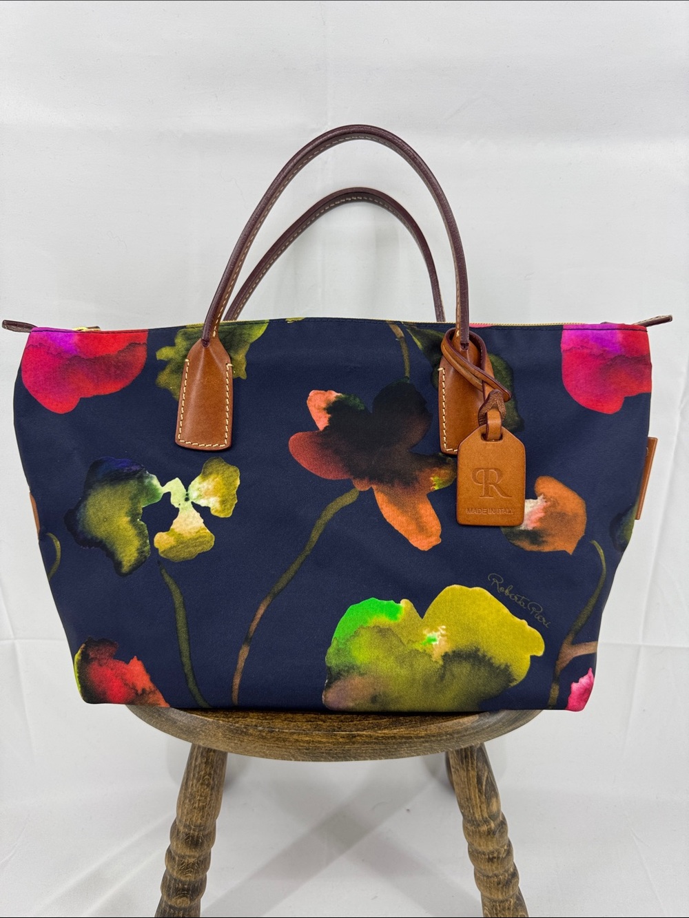 Roberta Pieri Robertina Navy Floral Classic Mini Tote Bag Italian Shoulder Purse